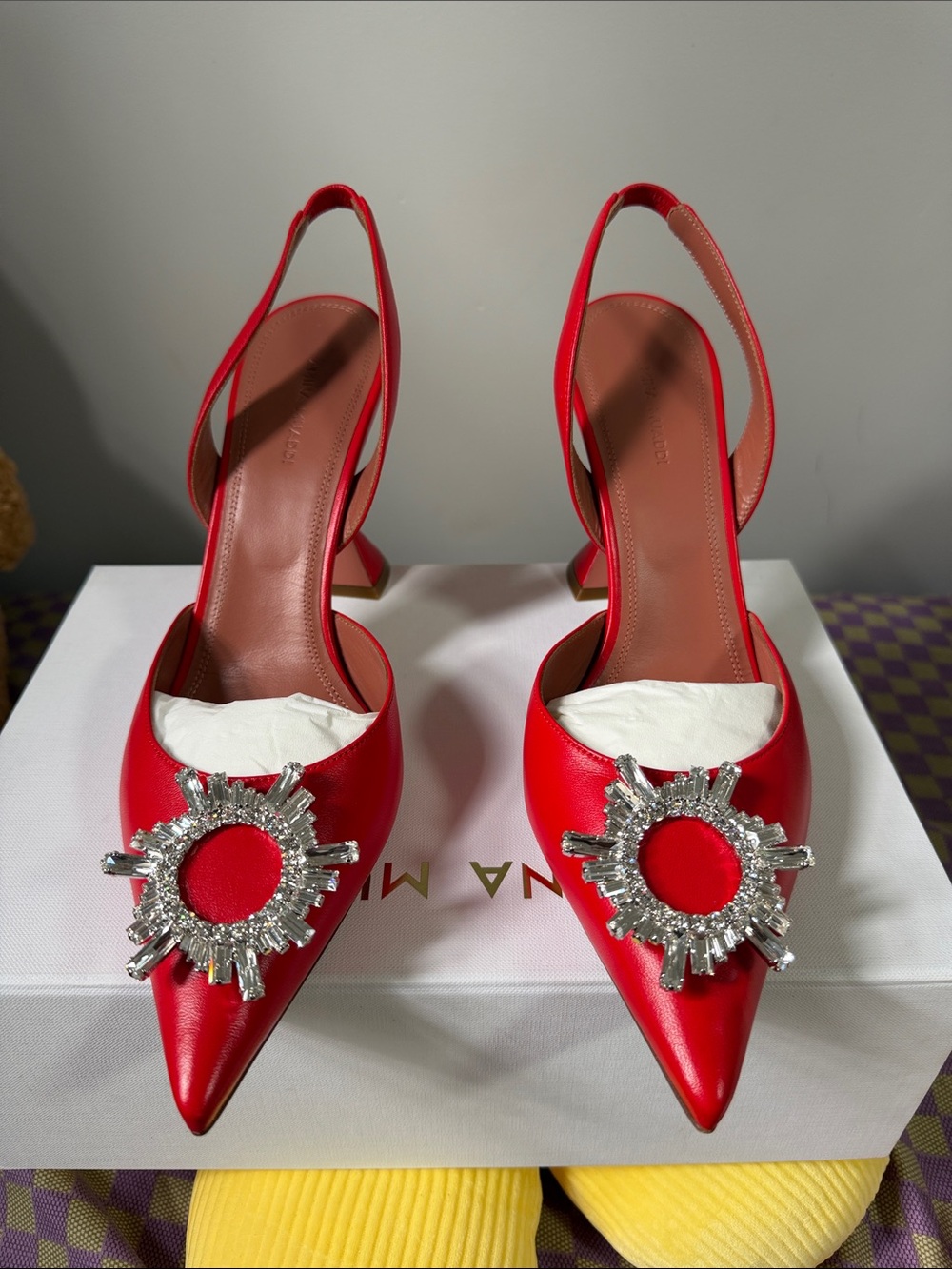 Amina Muaddi Red Crystal Sunburst Slingback.
Begum sling 95 Nappa!